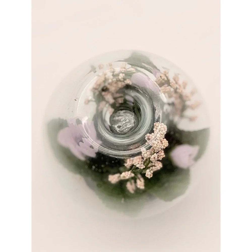Vintage Glass Terrarium Votive Candle Holder Purple Faux Flowers Pedestal Globe